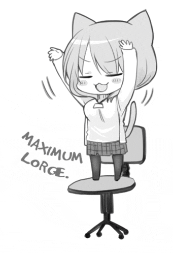 a black and white drawing of a girl with a cat ear on her head and the words maximum lorge below her