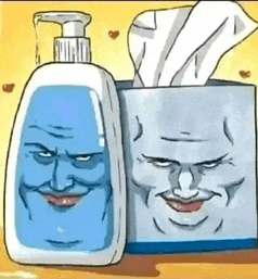 a cartoon drawing of a box of tissues and a bottle of soap