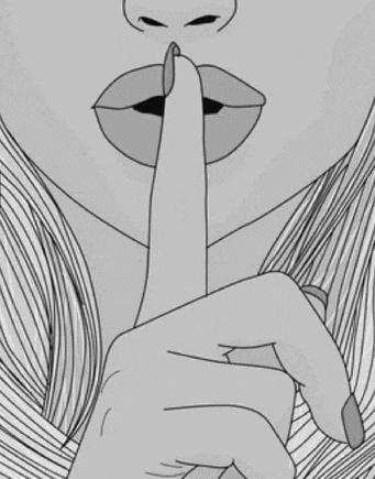 a black and white drawing of a woman making a silence sign with her finger to her lips .