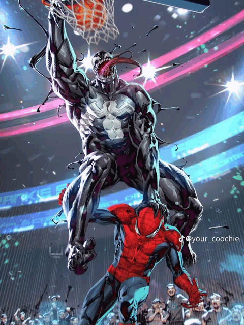 venom and spider-man are playing basketball in a stadium