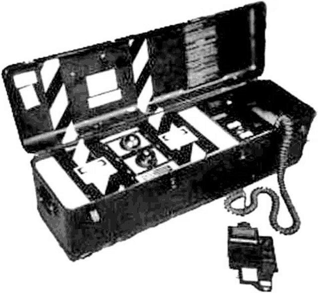 a black and white drawing of a telephone in a case with a cord attached to it .