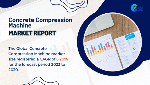 a concrete compression machine market report with a picture of a laptop on a table