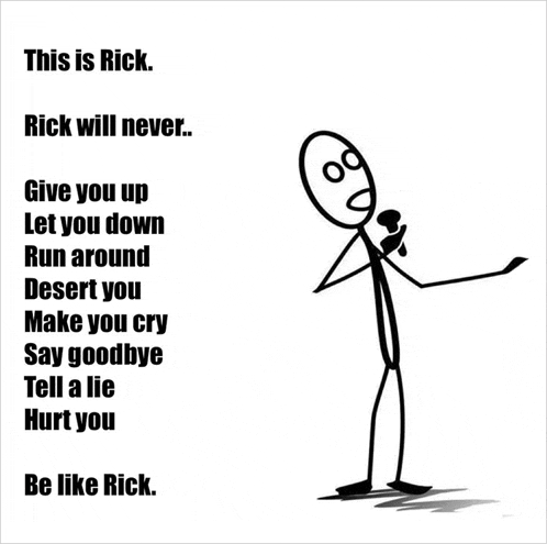 a stick figure singing into a microphone with the words " this is rick " on the top