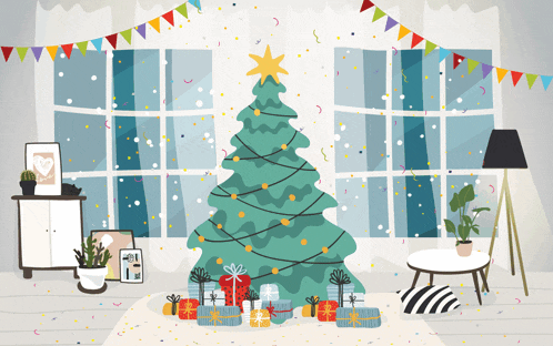 a living room with a christmas tree and gifts