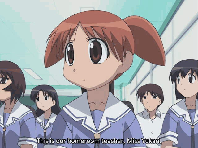 a group of anime characters are standing in a hallway with the words this is our homeroom teacher miss yukari