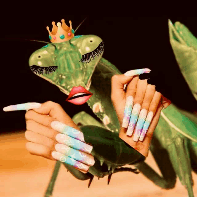 a ladybug with a crown on its head is being held by a woman with long nails