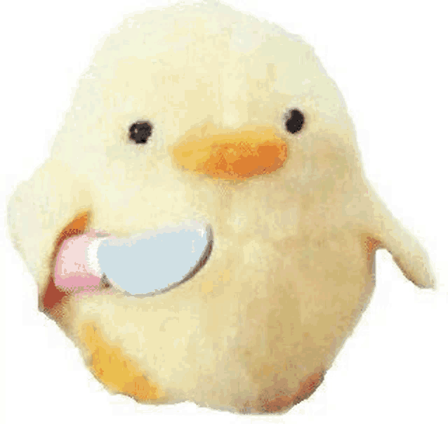 a stuffed duck with a knife in its mouth .