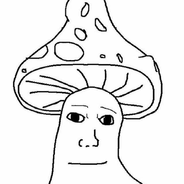 a black and white drawing of a mushroom with a person 's face on it .