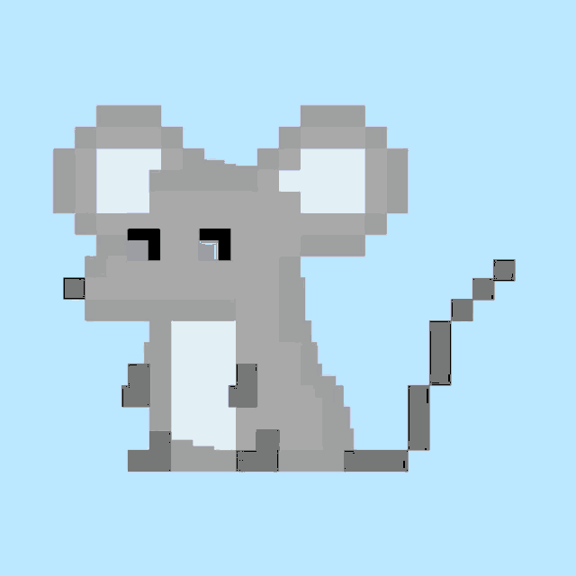 a pixel art of a mouse with blue eyes and a black tail