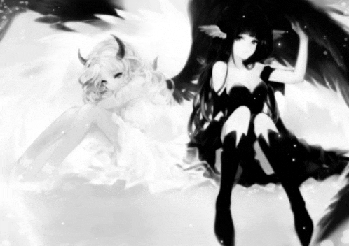 a black and white drawing of a devil and a angel