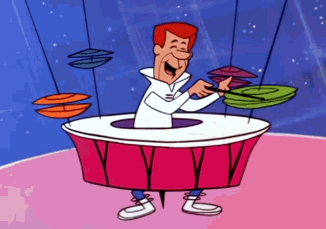 a cartoon character is playing drums in a pink drum