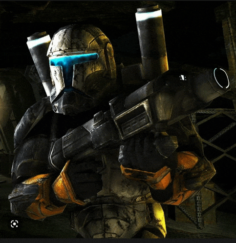 a futuristic soldier with a blue helmet holds a large gun