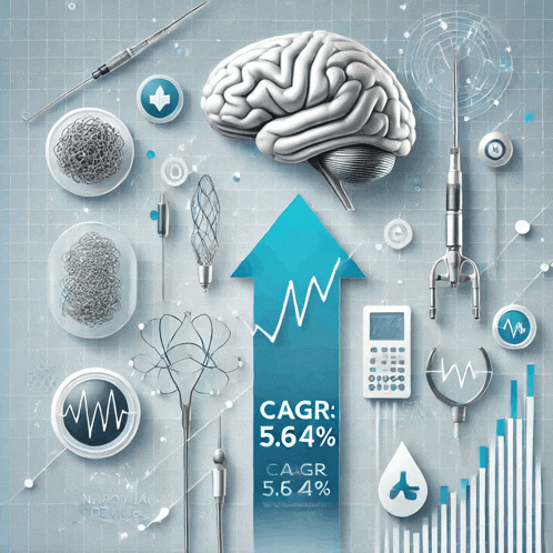 a brain is surrounded by medical equipment and a blue arrow pointing upwards