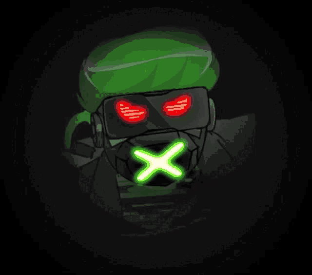 a cartoon character wearing a gas mask with a green x on his mouth .