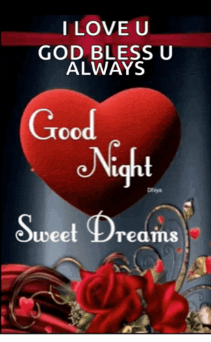 a good night message with a red heart and roses