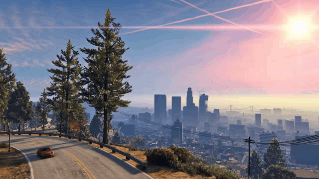 a car is driving down a road with the city in the background