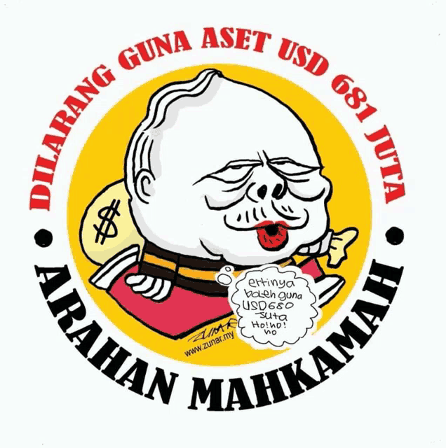 a cartoon of a man holding a bag of money says dilarang guna aset usd 681 juta arahan mahkamah