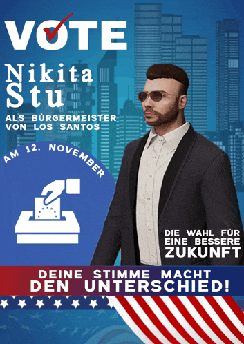 a man in a suit and sunglasses stands in front of a poster that says vote nikita stu