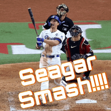 a baseball player with the word seagar smash on the bottom right