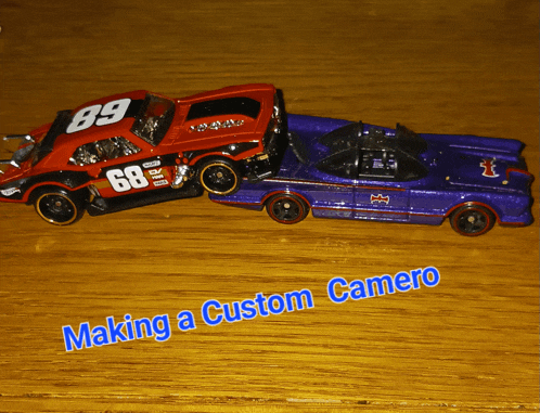 two hot wheels cars on a wooden table with the words " making a custom camero " on the bottom