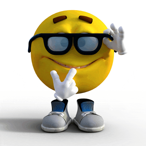 a cartoon smiley face wearing glasses and giving the peace sign