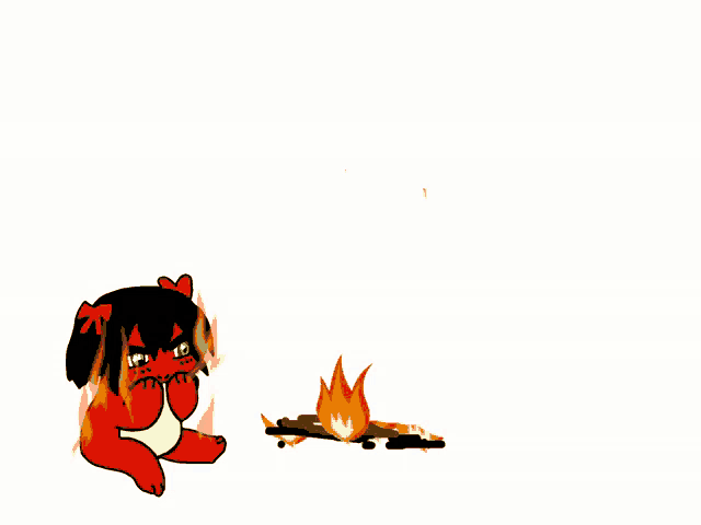 a cartoon drawing of a girl sitting next to a campfire