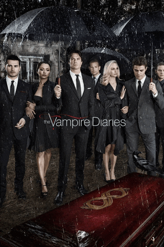 a poster for the vampire diaries shows a group of people holding umbrellas