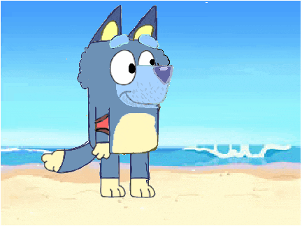 a cartoon dog is standing on a beach with waves in the background