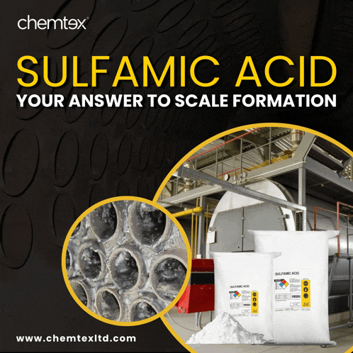 an advertisement for chemtex sulfuric acid shows a picture of a pipe and a pile of sulfuric acid