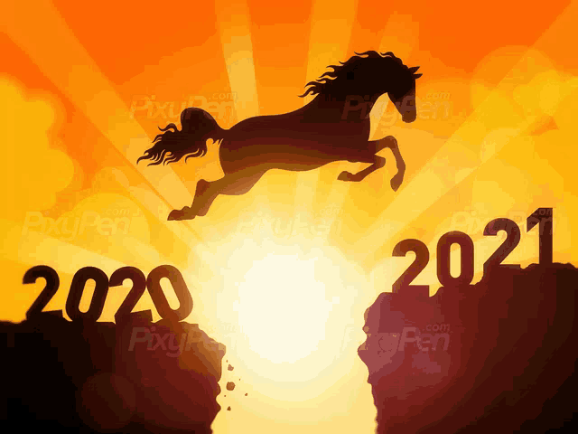 a silhouette of a horse jumping over the year 2020 and 2021