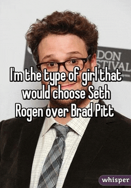 a man in a suit and tie is talking about a girl that would choose seth rogen over brad pitt ..