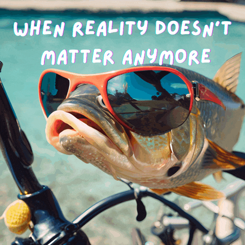 a fish wearing sunglasses with the words " when reality does n't matter anymore " below it