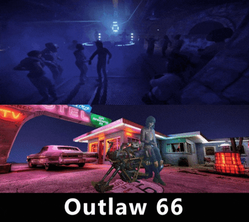 a poster for outlaw 66 shows a car and a motel