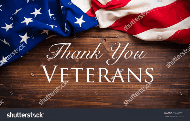 a thank you veterans card with an american flag in the background