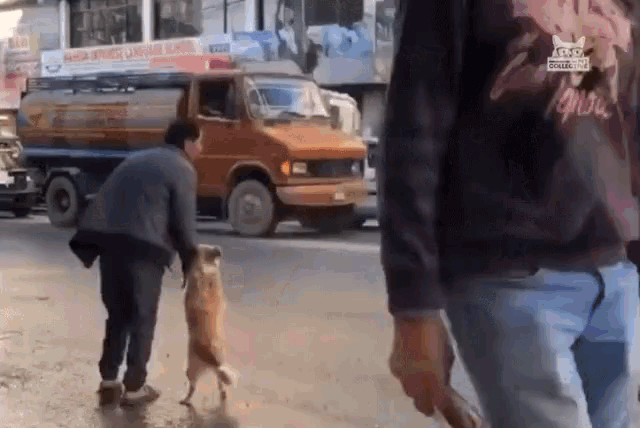 a man walking a dog on a leash in front of a truck with a sign that says ' lg '