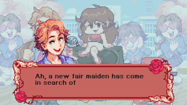 a pixel art drawing of a boy and a girl with the words ah a new fair maiden has come