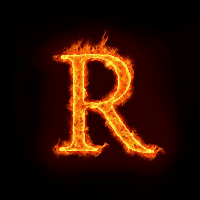 the letter r is lit up with flames on a black background