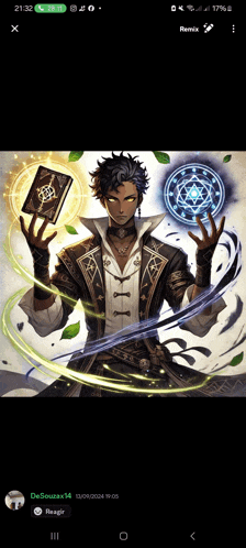 a phone screen shows a man holding a book and a magical circle