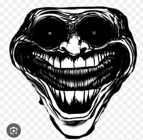 a black and white drawing of a troll face with a large smile