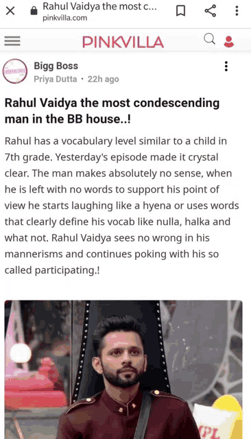 a screenshot of a pinkvilla article about rahul vaidya the most condescending man in the bb house