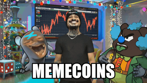 a memecoins advertisement with a man and a clown in the background