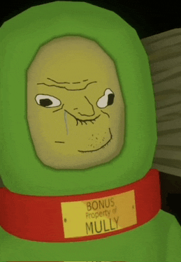 a green cartoon character with a yellow label that says bonus property of mully on it