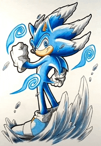 a drawing of sonic the hedgehog standing on a wave of water