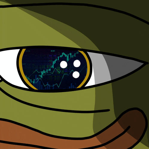 a close up of a cartoon character 's eye with a stock chart behind it