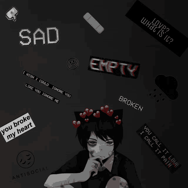 a black background with the words sad empty broken and antisocial