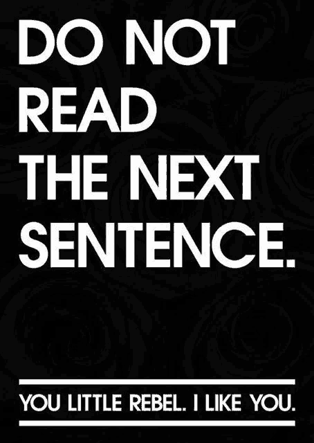 a poster says do not read the next sentence you little rebel i like you