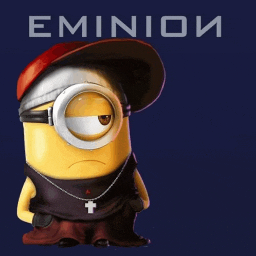 a picture of a minion wearing a hat and a necklace with the name eminem written above him