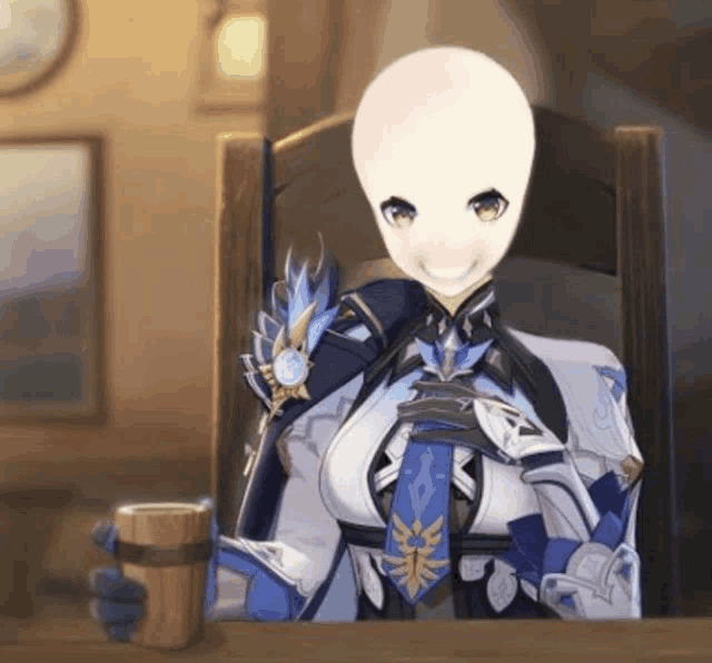 a bald anime character is sitting at a table with a cup in front of her .