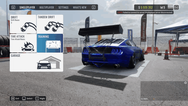 a blue car is parked in a garage in a video game called drift