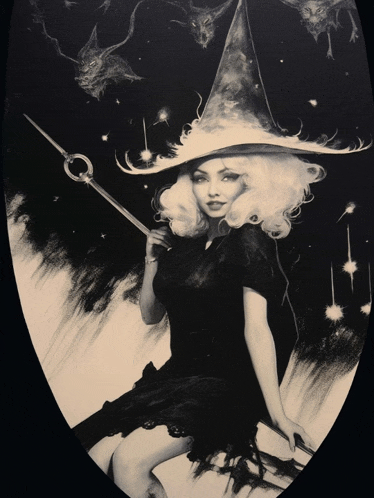 a woman in a witch hat is holding a wand in a black and white painting